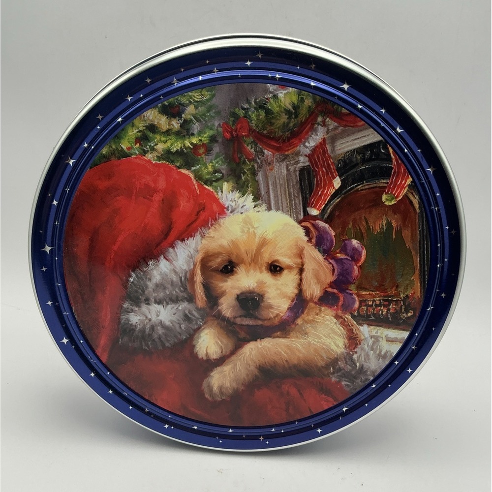 Holiday Tin Santa & Puppy Great Value Butter Cookies Empty 7" Clean